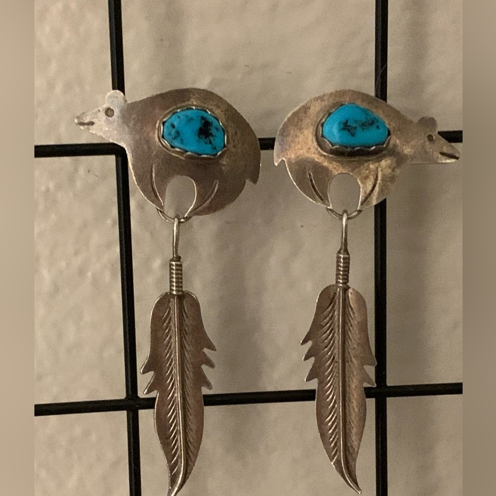Bear Turquoise with Feather Dangle Earrings